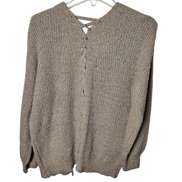 E+M Women Small Beige Oatmeal Open Front Lace up Back Oversized Cardigan Sweater - Picture 4 of 8